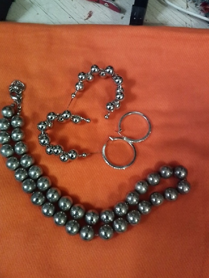 SilverTone Beaded Necklace And Earring Set  Silver